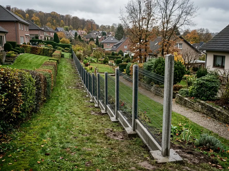 Lejtős kerti telekhatár, lépcsőzve betonozott kerítésoszlop alapokkal és szürke hálós táblákkal